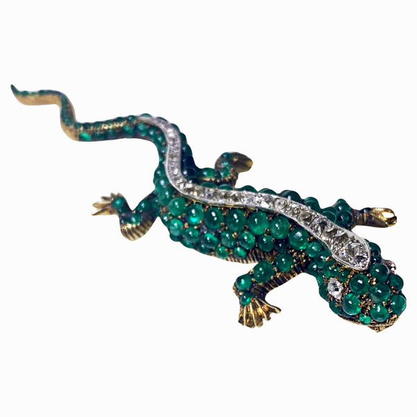 Antique 18K Emerald and Diamond salamander brooch C.1900