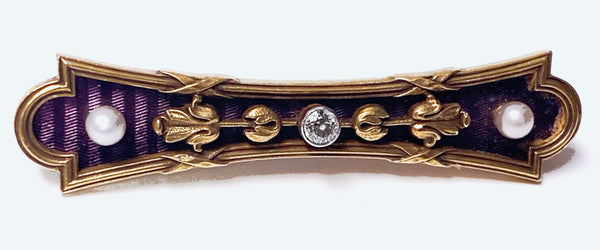 Antique Gold Diamond Pearl Enamel Bar brooch C.1890