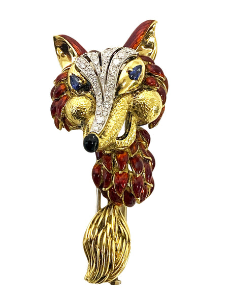 1970’ s Fox brooch 18K Diamonds Sapphires Enamel Spritzer & Fuhrmann