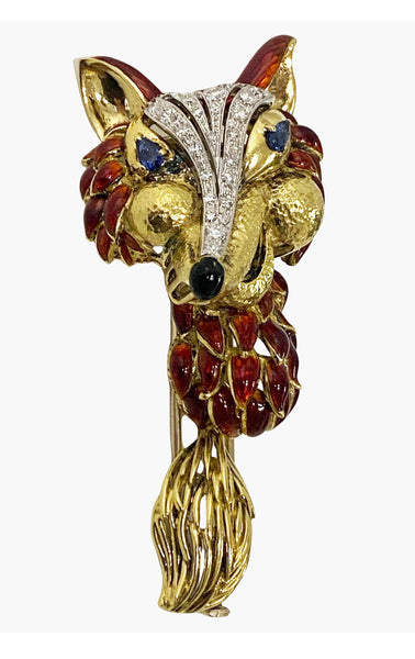 1970’ s Fox brooch 18K Diamonds Sapphires Enamel Spritzer & Fuhrmann