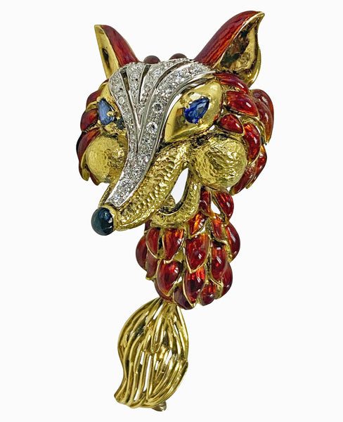 1970’ s Fox brooch 18K Diamonds Sapphires Enamel Spritzer & Fuhrmann