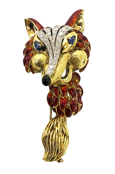 1970’ s Fox brooch 18K Diamonds Sapphires Enamel Spritzer & Fuhrmann
