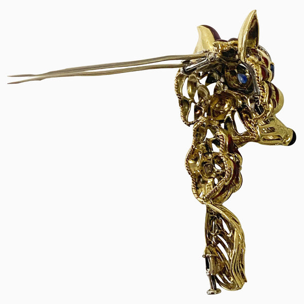 1970’ s Fox brooch 18K Diamonds Sapphires Enamel Spritzer & Fuhrmann
