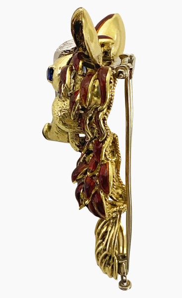 1970’ s Fox brooch 18K Diamonds Sapphires Enamel Spritzer & Fuhrmann