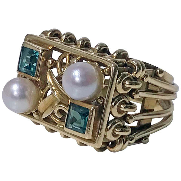 1970s 18 Karat Pearl and Emerald Ring