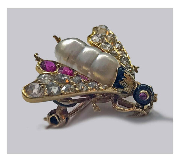 Antique 18-Karat Ruby Diamond and Pearl Bee Brooch Pin, circa 1880