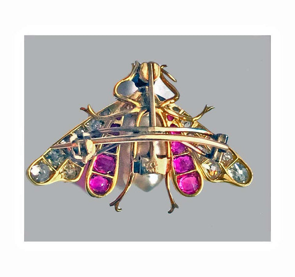 Antique 18-Karat Ruby Diamond and Pearl Bee Brooch Pin, circa 1880