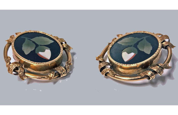 Antique 14K Pietra Dura Gold Earrings, C.1875