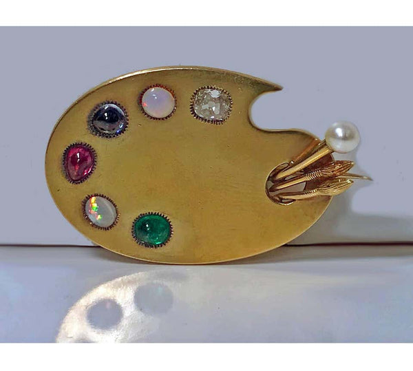Antique 18 Karat Artist’s Paint Palette Tools Brooch, circa 1900