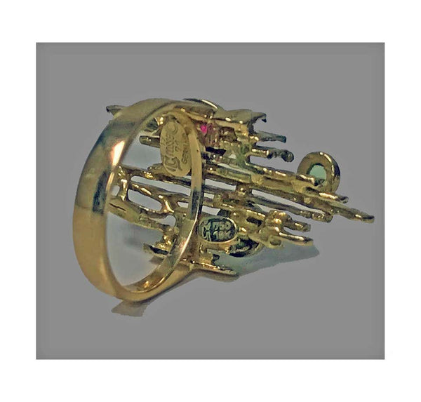 1970s Henkel and Grosse Germany Abstract Sculptural Gem Gold Ring