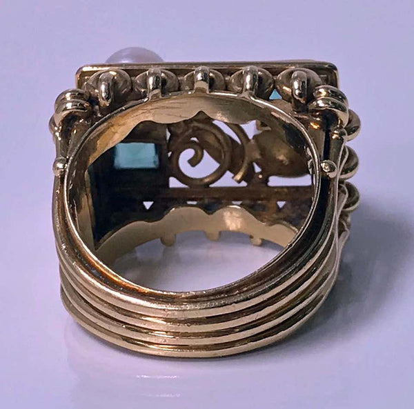 1970s 18 Karat Pearl and Emerald Ring