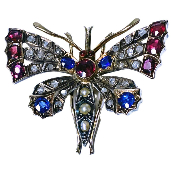 Antique Ruby Diamond Sapphire and Pearl butterfly brooch pendant C.1875.