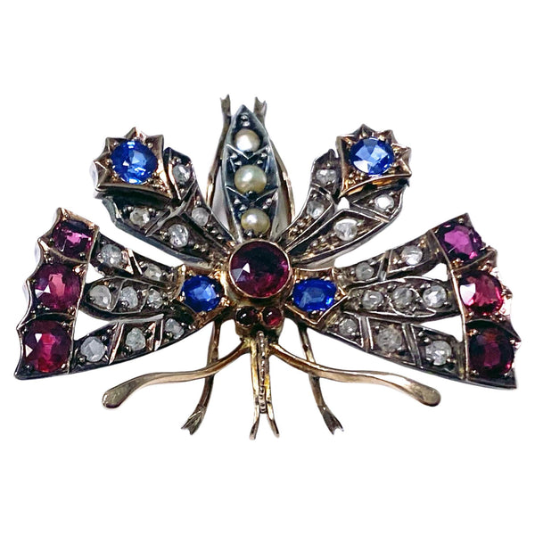 Antique Ruby Diamond Sapphire and Pearl butterfly brooch pendant C.1875.