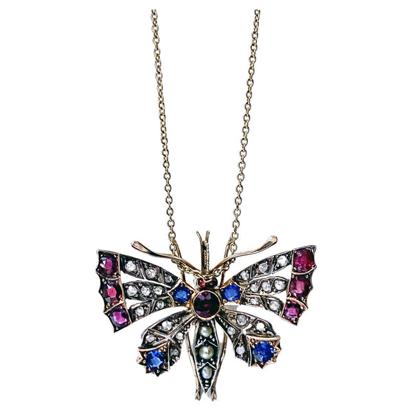 Antique Ruby Diamond Sapphire and Pearl butterfly brooch pendant C.1875.