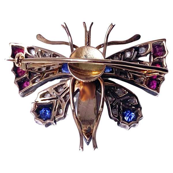 Antique Ruby Diamond Sapphire and Pearl butterfly brooch pendant C.1875.