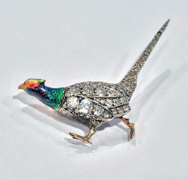 Antique Enamel and Diamond Pheasant Brooch, English, circa 1880