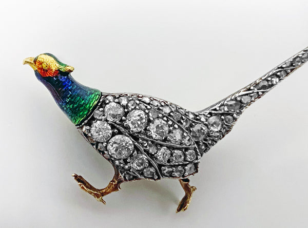 Antique Enamel and Diamond Pheasant Brooch, English, circa 1880
