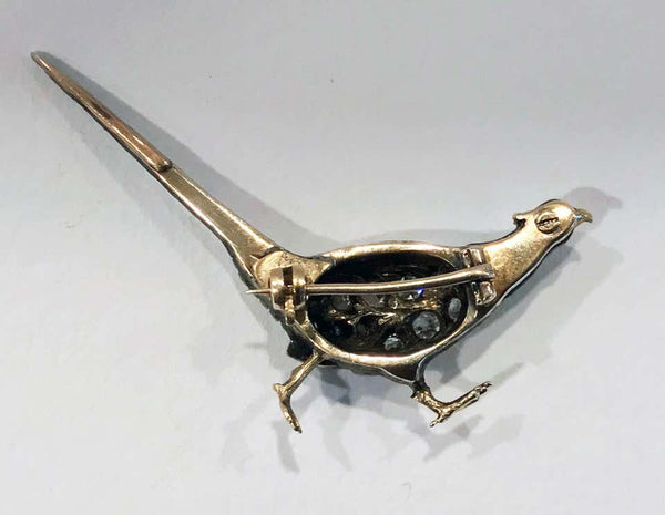 Antique Enamel and Diamond Pheasant Brooch, English, circa 1880