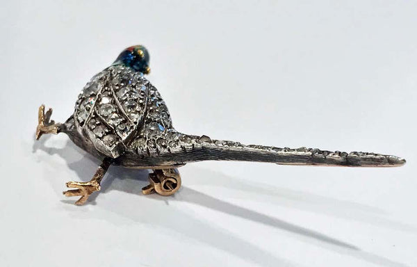 Antique Enamel and Diamond Pheasant Brooch, English, circa 1880