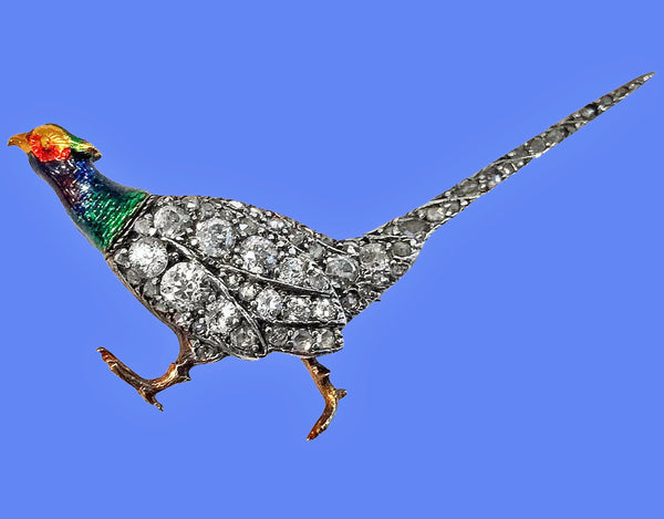 Antique Enamel and Diamond Pheasant Brooch, English, circa 1880