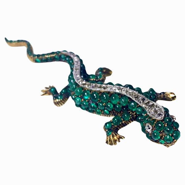 Antique 18K Emerald and Diamond salamander brooch C.1900