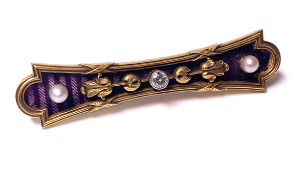 Antique Gold Diamond Pearl Enamel Bar brooch C.1890