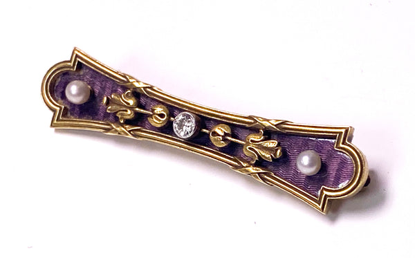 Antique Gold Diamond Pearl Enamel Bar brooch C.1890
