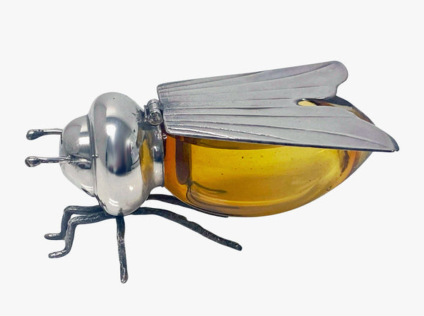 Sterling Silver and amber glass figural Bee Honey Pot, Camusso Peru C.1930