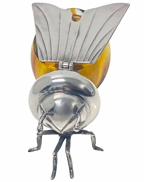 Sterling Silver and amber glass figural Bee Honey Pot, Camusso Peru C.1930