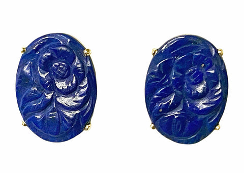 Pair of 14k Gold and carved Lapis Lazuli floral earrings