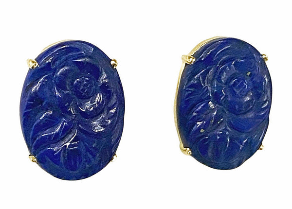 Pair of 14k Gold and carved Lapis Lazuli floral earrings