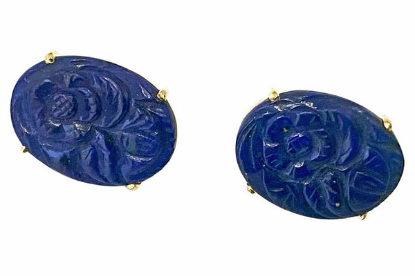 Pair of 14k Gold and carved Lapis Lazuli floral earrings