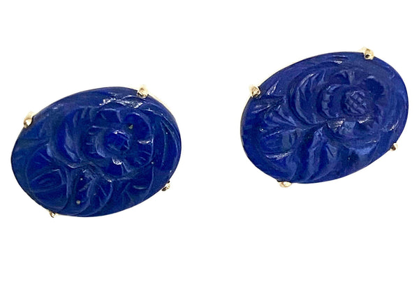 Pair of 14k Gold and carved Lapis Lazuli floral earrings