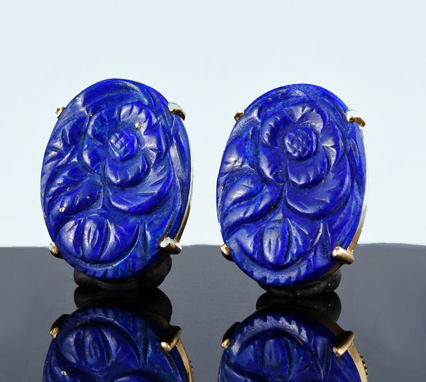 Pair of 14k Gold and carved Lapis Lazuli floral earrings