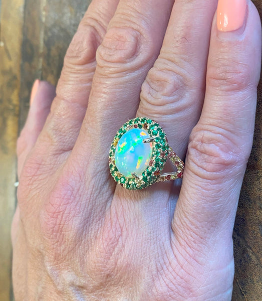 Opal, Tsavorite, Sapphire and Garnet 14K Gold Ring