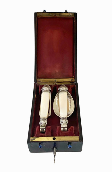 Antique French antique silver mop travel folding fork and spoon original box