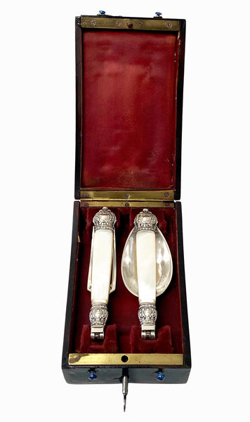 Antique French antique silver mop travel folding fork and spoon original box