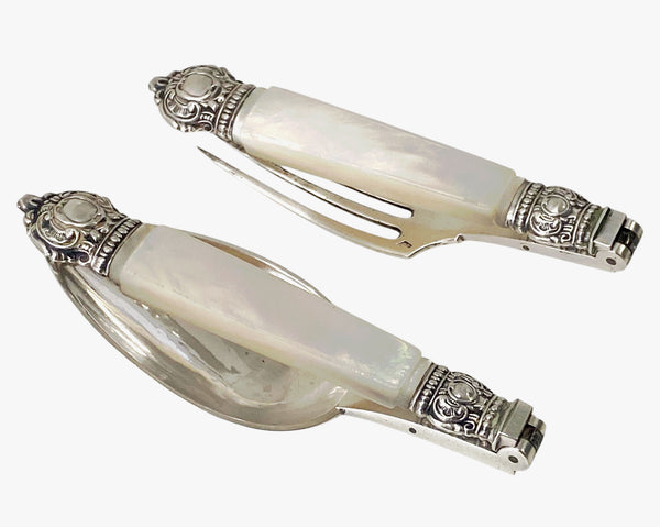 Antique French antique silver mop travel folding fork and spoon original box