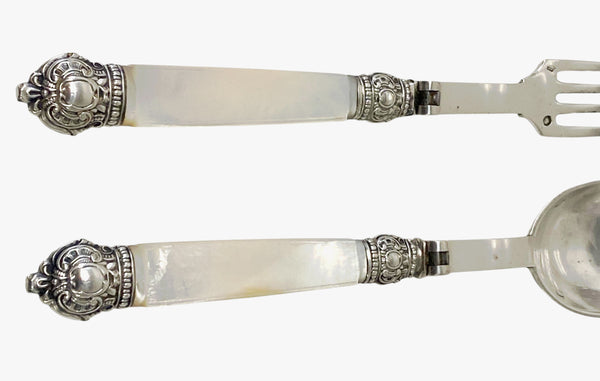 Antique French antique silver mop travel folding fork and spoon original box