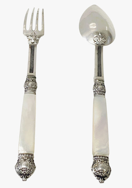 Antique French antique silver mop travel folding fork and spoon original box