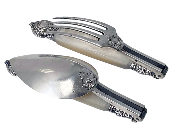 Antique French antique silver mop travel folding fork and spoon original box