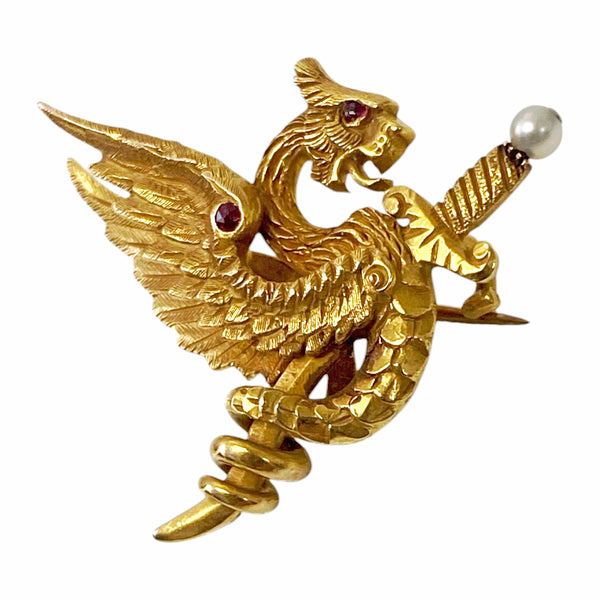 American Riker Bros Art Nouveau 14K mythological brooch C.1900