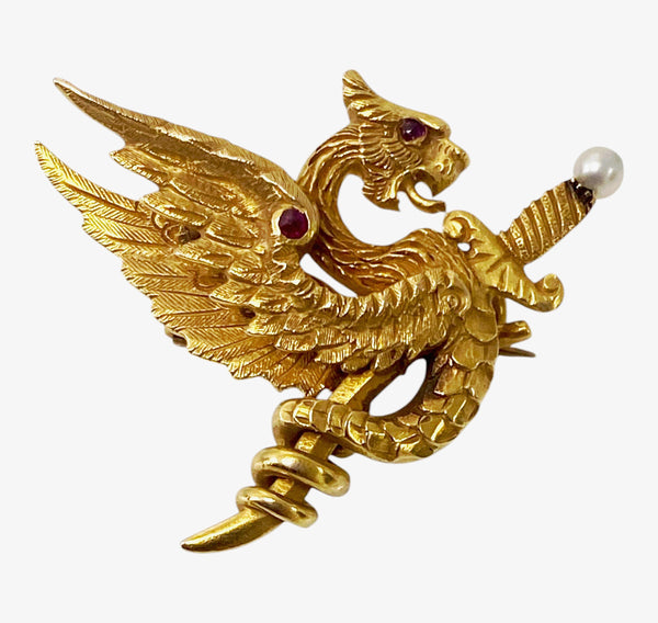 American Riker Bros Art Nouveau 14K mythological brooch C.1900