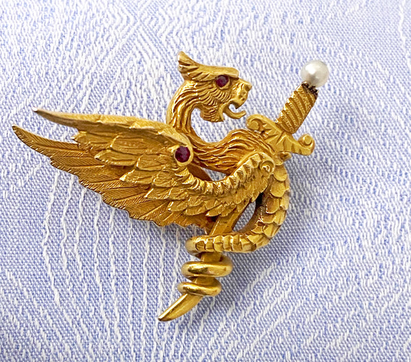 American Riker Bros Art Nouveau 14K mythological brooch C.1900