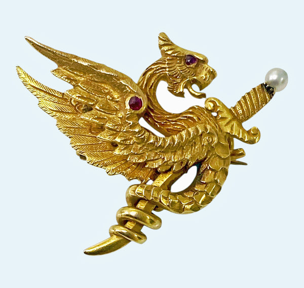 American Riker Bros Art Nouveau 14K mythological brooch C.1900