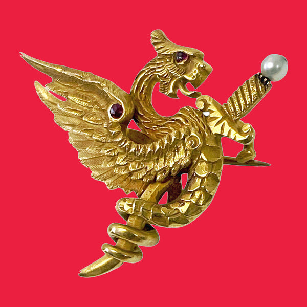 American Riker Bros Art Nouveau 14K mythological brooch C.1900