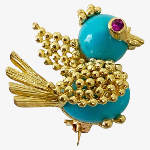 Italian 18K Turquoise Bird chick pin Brooch Mid Century