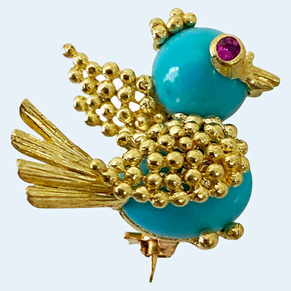 Italian 18K Turquoise Bird chick pin Brooch Mid Century