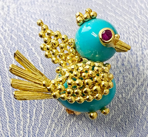 Italian 18K Turquoise Bird chick pin Brooch Mid Century