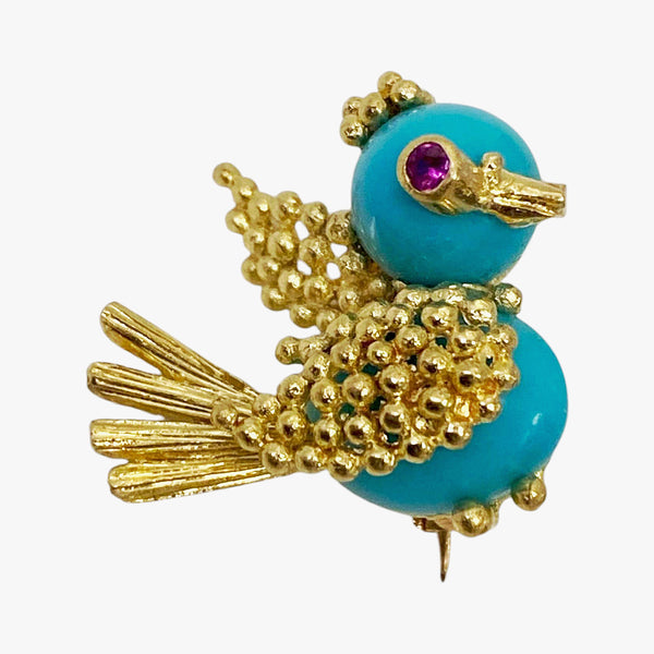 Italian 18K Turquoise Bird chick pin Brooch Mid Century